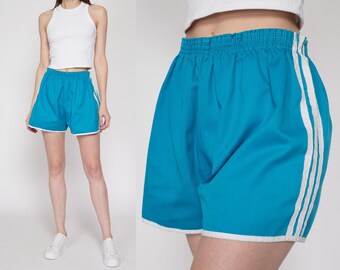 Med-Lrg 80s Blue Striped Track Shorts | Vintage High Waisted Athletic Running Shorts