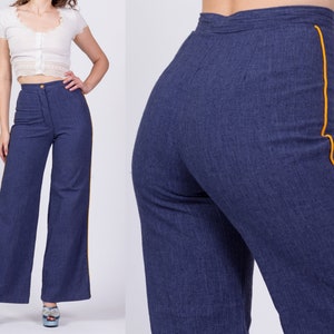 70s High Waisted Bell Bottom Jeans Extra Small, 25 Vintage Dark Wash Denim Boho Flared Pants image 1