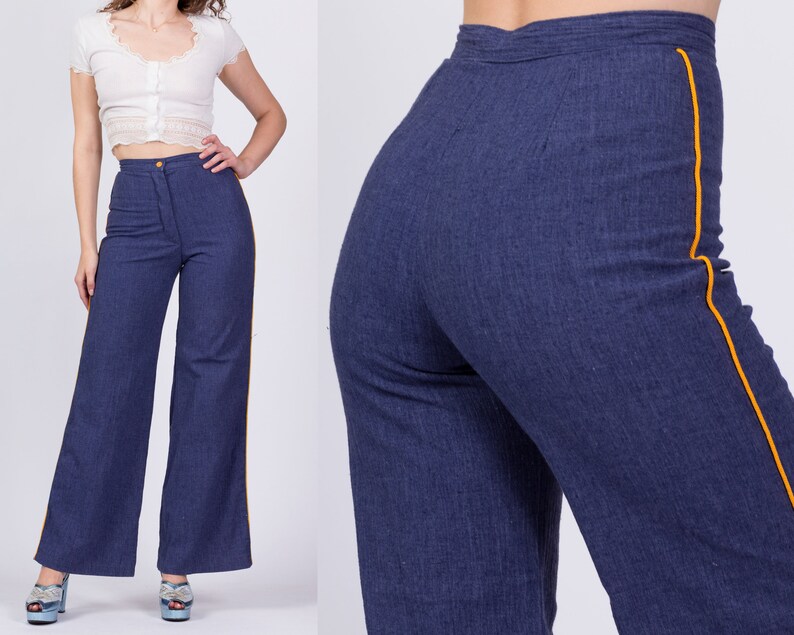 70s High Waisted Bell Bottom Jeans Extra Small, 25 Vintage Dark Wash Denim Boho Flared Pants image 1