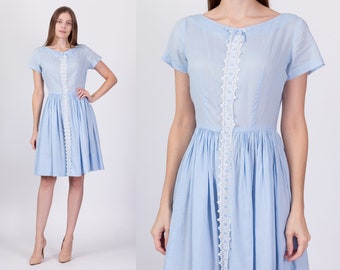 1950s Baby Blue Fit & Flare Day Dress Medium | Vintage 50s Lace Trim Boho Mini Dress