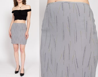 Medium 90s Grey Silk Falling Vine Print Mini Skirt 27.5" | Vintage High Waisted Pencil Skirt