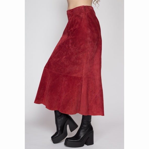 Medium 90s Boho Raspberry Red Suede Midi Skirt | … - image 3