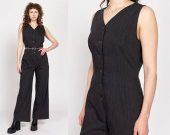 Medium 90s Minimalist Dark Grey Straight Leg Jumpsuit | Vintage Sleeveless Button Front Pantsuit