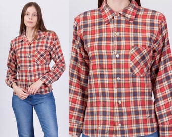 80s Plaid Flannel Button Up Shirt Small | Vintage Long Sleeve Grunge Collared Top