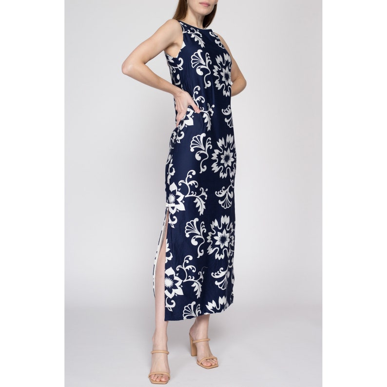 XS 60s Hawaiian Navy Blue Floral Maxi Dress Vintage Polynesian Bazaar Sleeveless Side Slit Boho Sundress image 3