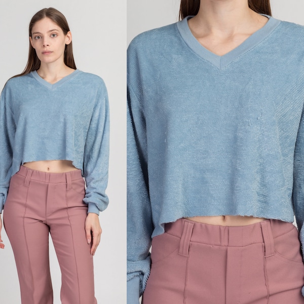 XL 70s 80s Blue Velour Crop Top Sweatshirt | Vintage Long Sleeve Slouchy Cropped Pullover