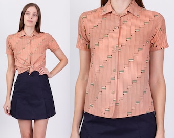 XS 70s Mod Geometric Print Collared Top Petite | Vintage Orange Short Sleeve Button Up Disco Shirt