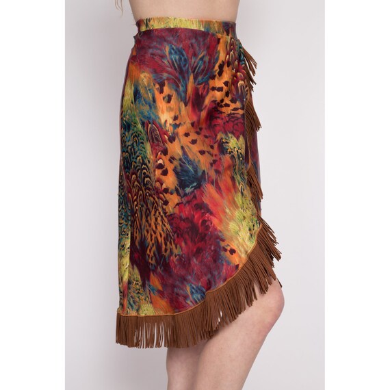 Vintage Boho Peacock Feather Print Fringe Skirt E… - image 4