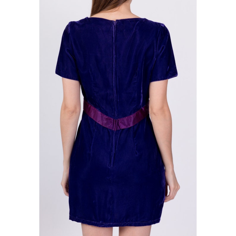 80s Royal Purple Velvet Party Dress Medium Vintage Satin Trim Retro Scoop Neck Short Sleeve Mini Dress image 5