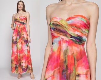 XS Y2K Strapless Watercolor Floral Gown | Vintage Xscape Joanna Chen Pink Metallic Formal Party Maxi Dress