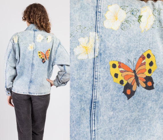 Small 80s Acid Wash Butterfly Painted Denim Jacke… - image 1