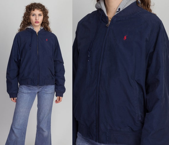 90s Polo Ralph Lauren Hooded Jacket Men's Large, Women's XL Vintage Navy  Blue Zip up Windbreaker Coat 