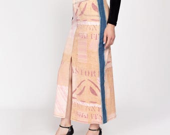 90s Y2K Feedsack Print Denim Maxi Skirt - Medium | Vintage Grunge Long Blue Jean Stretch Skirt