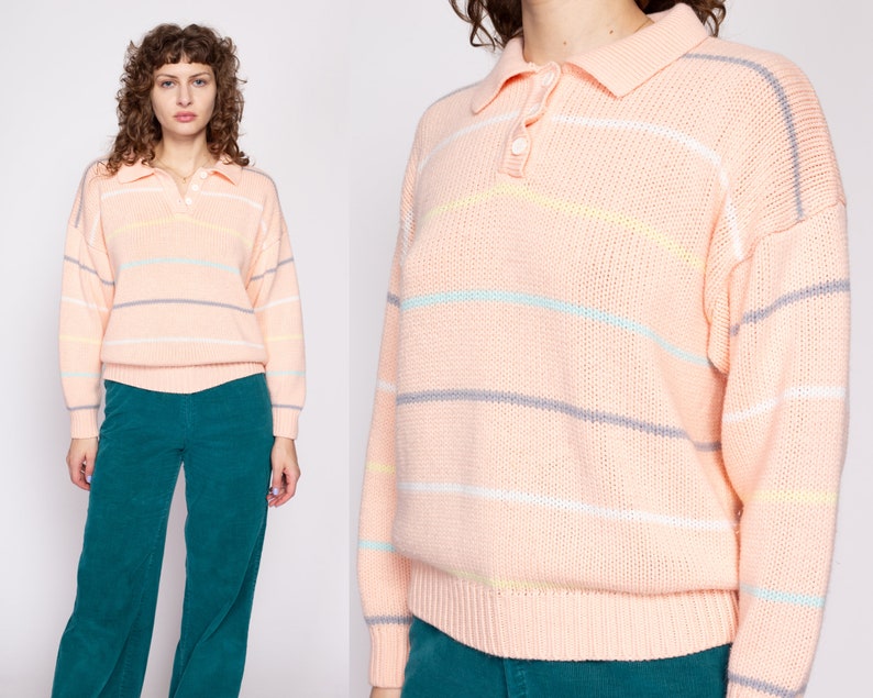80s Striped Pastel Orange Henley Sweater Medium Vintage Collared Knit Pullover Jumper image 1