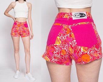 90s Hot Pink Floral Shorts XS to Small | Vintage High Waisted Cotton Denim Retro Mini Cheeky Shorts