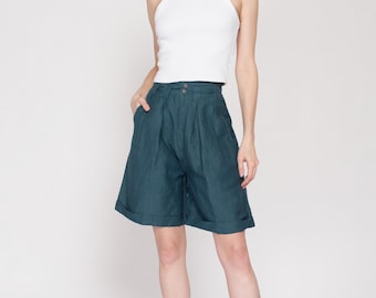 Shorts anchos plisados color verde azulado oscuro de los años 80 (extra pequeños, 63 cm) / Shorts culotte vintage de cintura alta con dobladillo