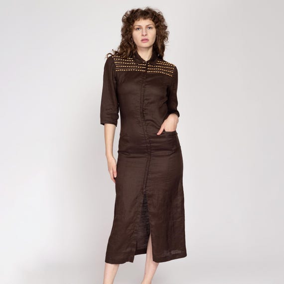 chinese dress ladies Daphne Linen Midi Dress Chocolate  VRG GRL
