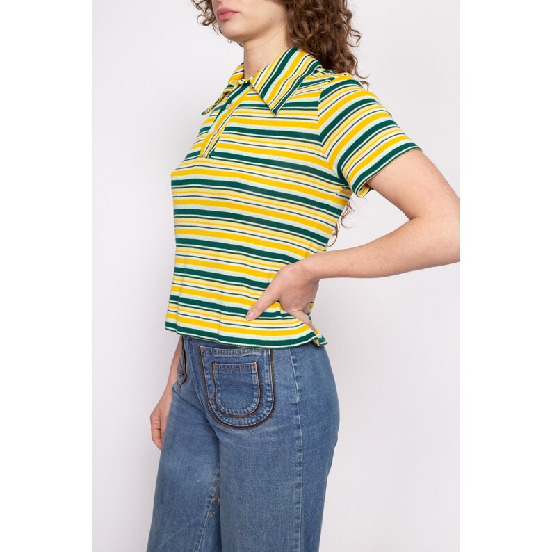 70s Yellow & Green Striped Cropped Polo Shirt Large - Etsy