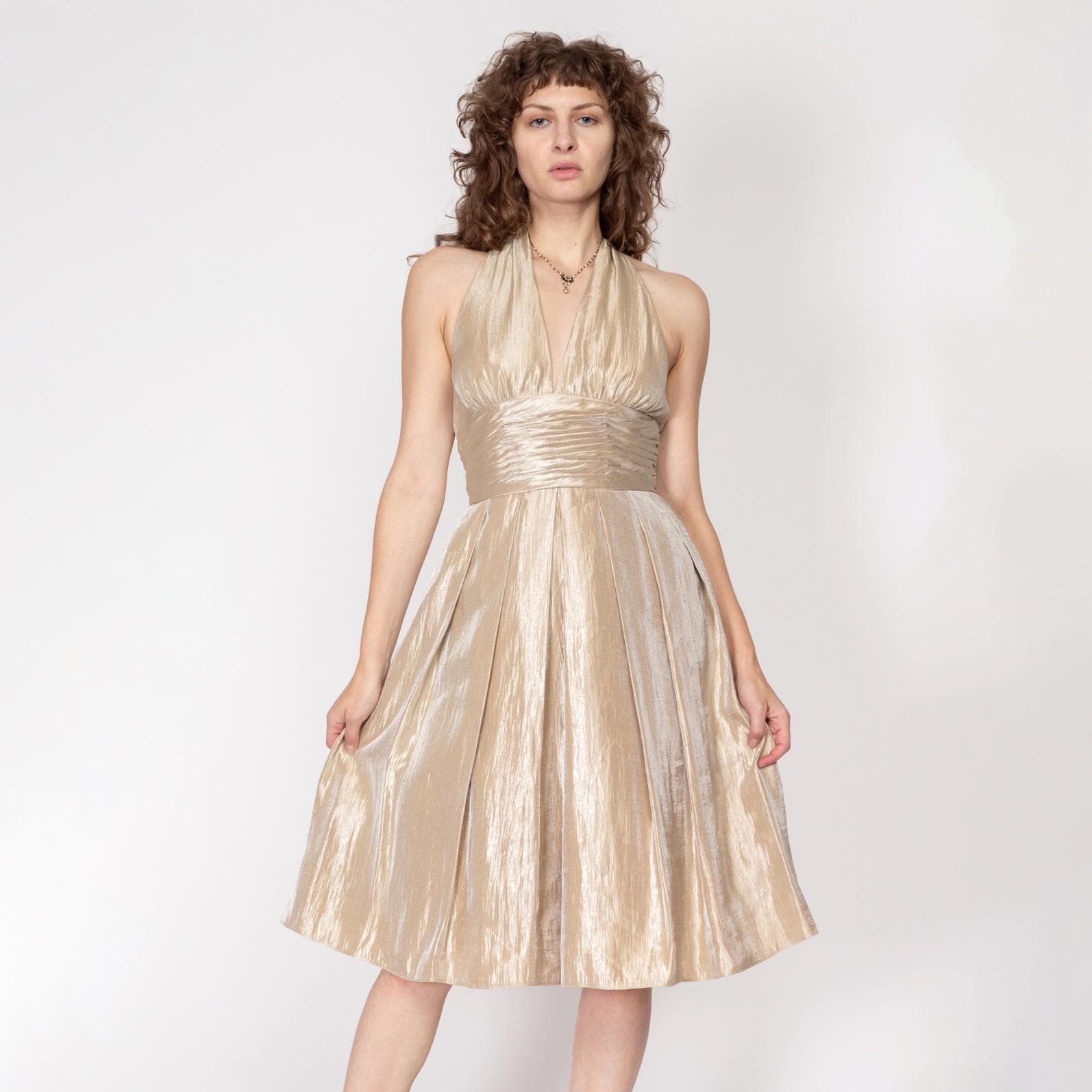Medium 90s Adrianna Papell Champagne Shimmer Halter Party Dress | Vintage  Fit & Flare Formal Satin Midi Dress - Etsy