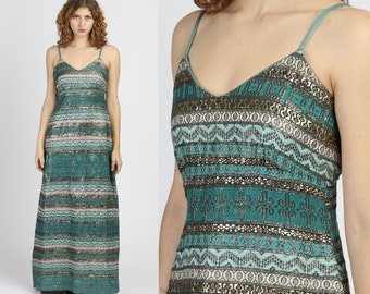 60s Metallic Striped Maxi Dress - Medium | Vintage Green & Gold Sweetheart Neck Woven Sleeveless Gown