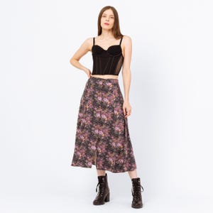 Vintage 90s Purple Floral Button Front Midi Skirt - Small to Medium | Boho Grunge High Waisted Long Rayon A-Line Skirt