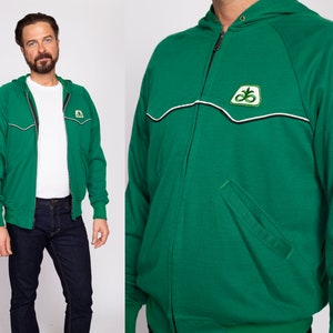 70s 80s Kelly Green Hoodie Men's Medium Vintage Swingster Zip Up Hooded Sweatshirt Track Jacket image 1