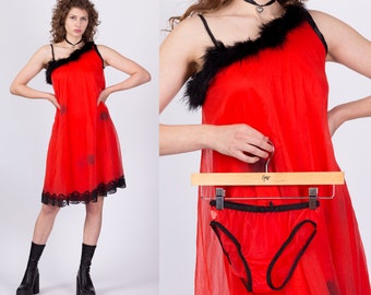 60s Red Black Lace & Marabou Feather Trim Chemise Set Small | Vintage Negligee Babydoll Nightgown Dress Sheer Panty Outfit