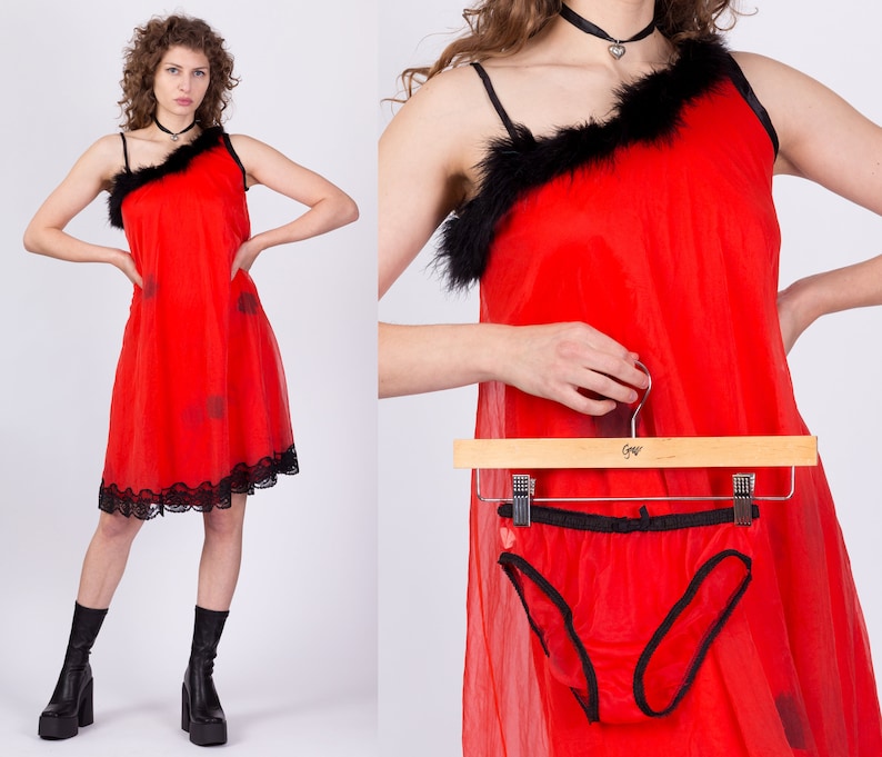 60s Red Black Lace & Marabou Feather Trim Chemise Set Small Vintage Negligee Babydoll Nightgown Dress Sheer Panty Outfit image 1