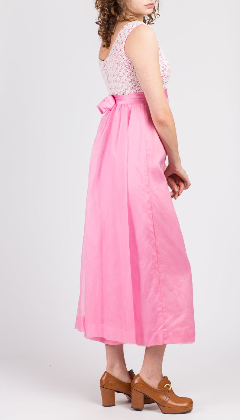 Petite Small Vintage Pink Crochet Maxi Dress 60s 70s Sleeveless Romantic Ankle Length Gown