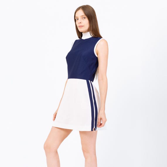 Vintage 70s Mod Ring Zipper Tennis Dress - Small | Preppy Sleeveless Sportsweaer Outfit, Retro Navy Blue White Striped Mini Dress Vintage 70s Mod Ring Zipper Tennis Dress - Small | Preppy Sleeveless Sportsweaer Outfit, Retro Navy Blue White Striped Mini Dress
