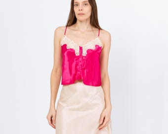 Vintage 90s Victoria's Secret Hot Pink Satin Camisole - Small | Lace Trim Lingerie Slip Cami Crop Top