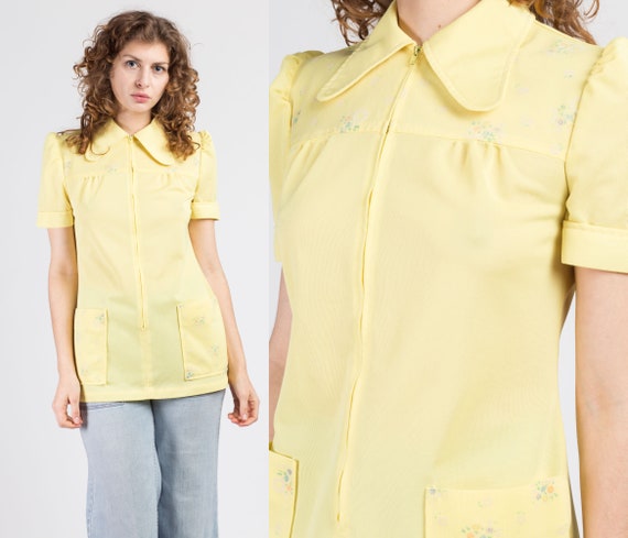 70s Yellow Dog Ear Collar Puff Sleeve Top - Small