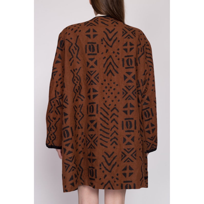 One Size 80s Boho Brown Linen Open Fit Jacket Vintage Fixsun Tribal Print Lightweight Coat image 5