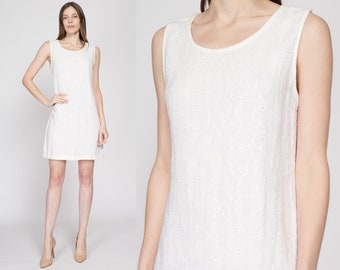 Medium 90s White Floral Linen Mini Dress | Vintage Boho Grunge Sleeveless Pinafore Dress