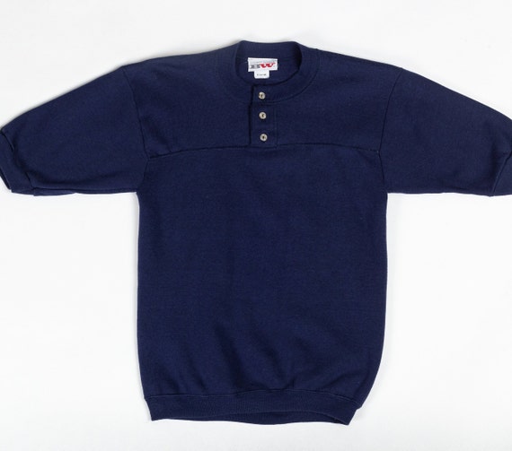 FlyingAppleVintage 80s Navy Blue Henley Sweatshirt Top - Small | Vintage Bassett-Walker Plain Short Sleeve Pullover