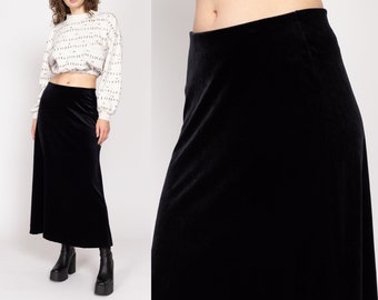 Medium 90s Minimalist Black Velvet Maxi Skirt | Vintage High Waisted Gothic Grunge A Line Skirt