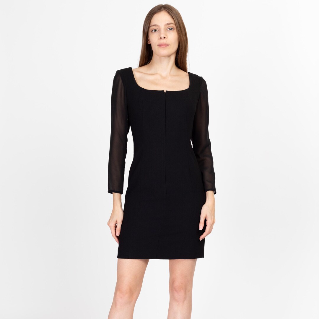 Small 90s Black Sheer Sleeve Mini Cocktail Dress Vintage Zip Front Long