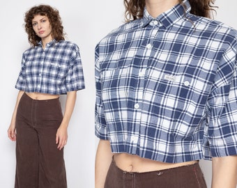 Small 80s Blue Plaid Collared Crop Top | Vintage Bonjour Cropped Button Up Shirt