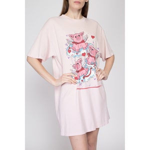 One Size 80s Cupigs Valentine's Day Sleep Shirt Vintage Cute Pig Graphic Cartoon Pajama Mini T Shirt Dress image 3