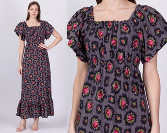 70s Rose & Lattice Print Boho Peasant Dress Extra Small | Vintage Floral Empire Waist Maxi Sundress