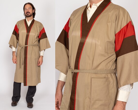 One Size 70s Tan & Red Color Block Robe | Vintage… - image 2