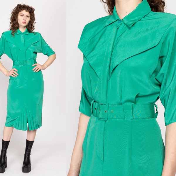 Sm-Med 80s Teal Green Dolman Sleeve Shirtdress | Vintage Belted Pleated Skirt Western Midi Dress