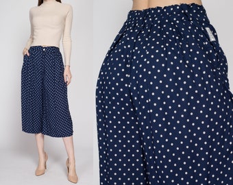 Small 80s Navy Blue Polka Dot Culotte Pants 26"-27" | Vintage Wide Leg High Waisted Capri Trousers