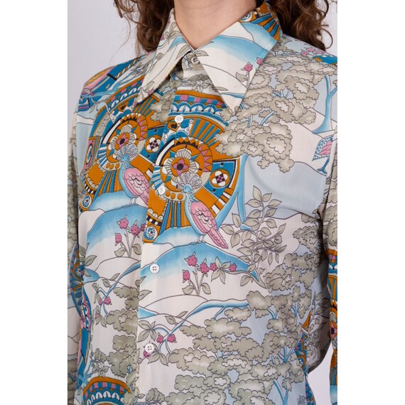 70s Psychedelic Bird Print Disco Shirt Men's Medi… - image 7
