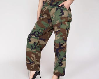 Vintage Camo Cargo Field Pants - 30"-34" | Unisex Military Olive Drab Camouflage Army Combat Trousers