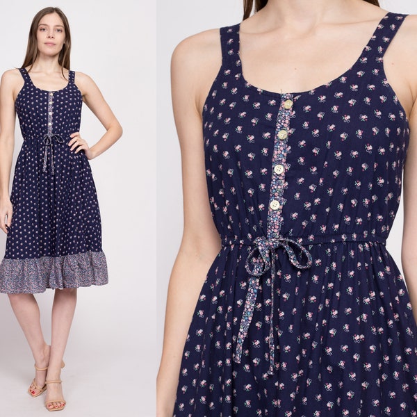 70s Navy Blue Calico Floral Sundress Extra Small | Vintage Fit & Flare Ruffle Hem Boho Midi Dress