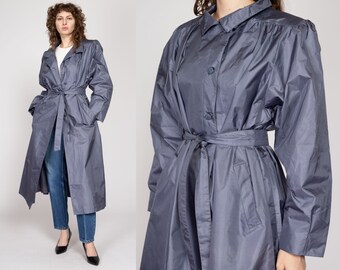 XL 80s Shiny Slate Grey Belted Trench Rain Jacket | Vintage