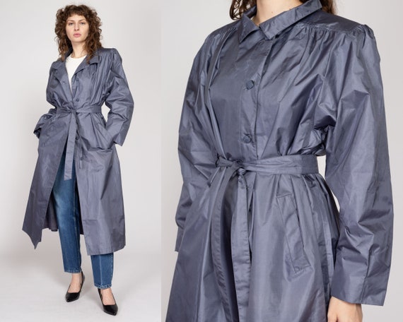 ジャケット・アウター MATURE TRENCH COAT XL 80s Shiny Slate Grey Belted Trench Rain Jacket | Vintage
