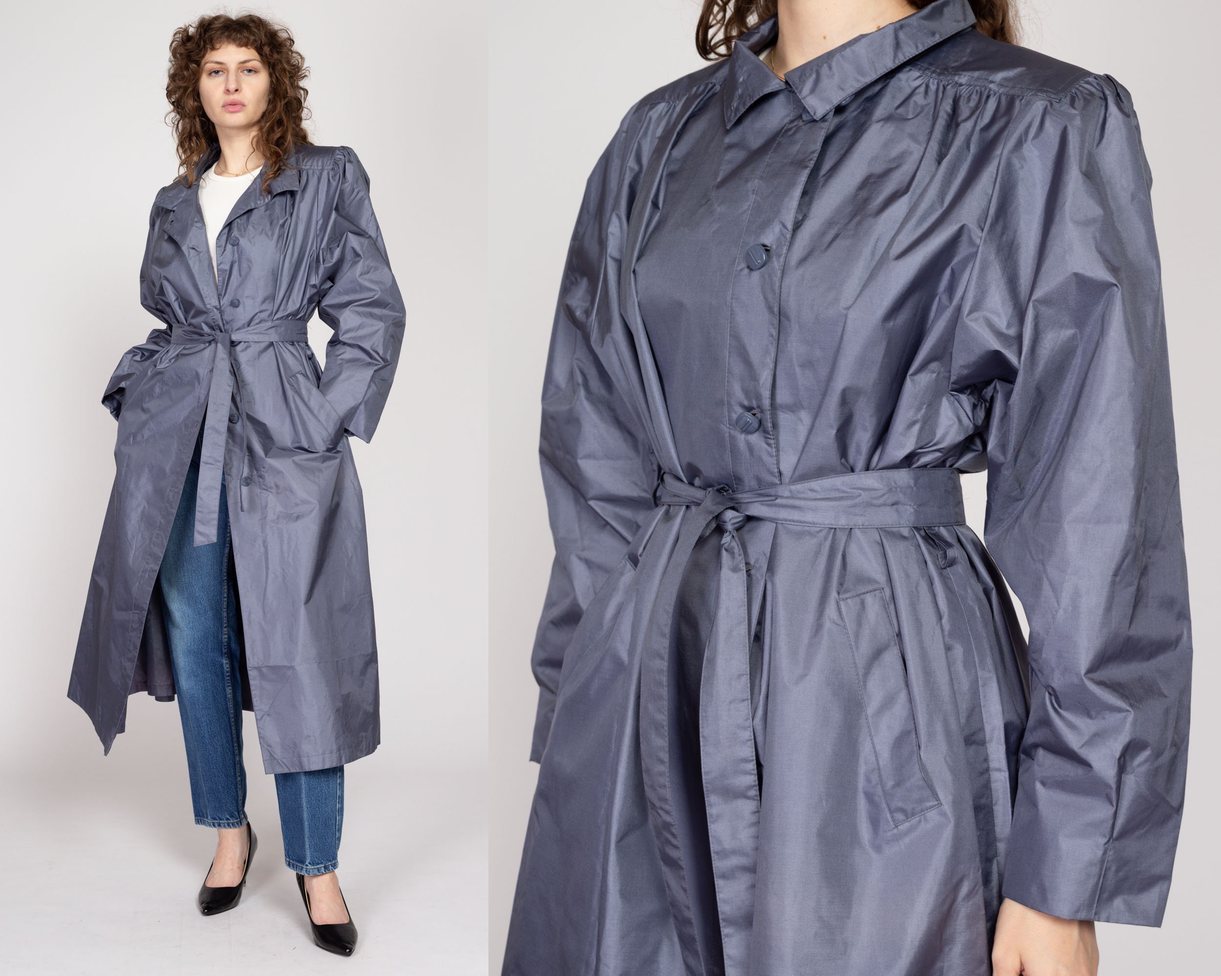 XL 80s Shiny Slate Grey Belted Trench Rain Jacket | Vintage