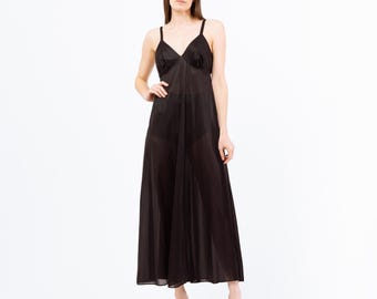 Camisón largo negro de los años 70, talla mediana / Lencería vintage sexy, vestido lencero transparente de corte A